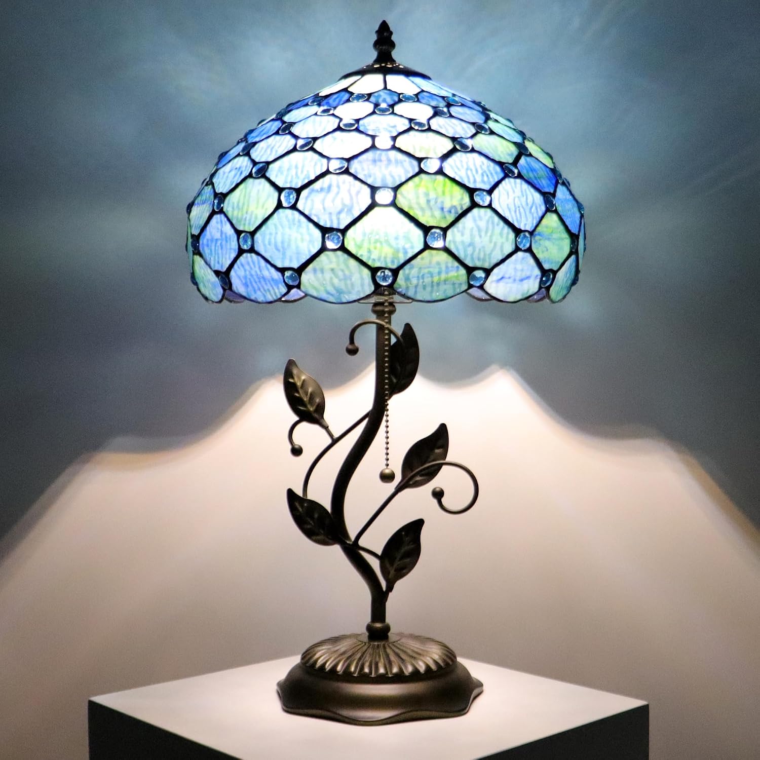 Tiffany Lamp Sea Blue Water Ripple Style Stained Glass Table Lamp Desk Bedside Reading Light 12X12X19 Inches with Metal Leaf Base