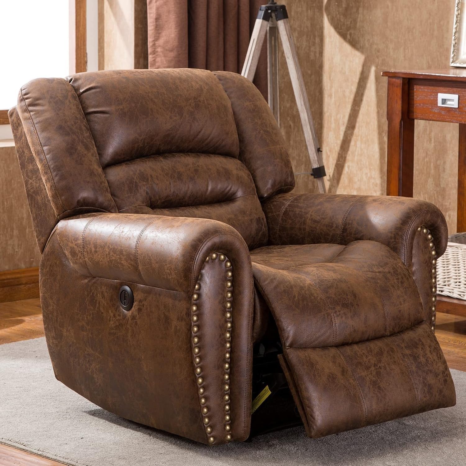 Distinctive Brass Rivets Design Electric Recliner Chair Breathable Bonded Leather Classic Single Sofa Chairs for Home Theater Living Room Bedroom