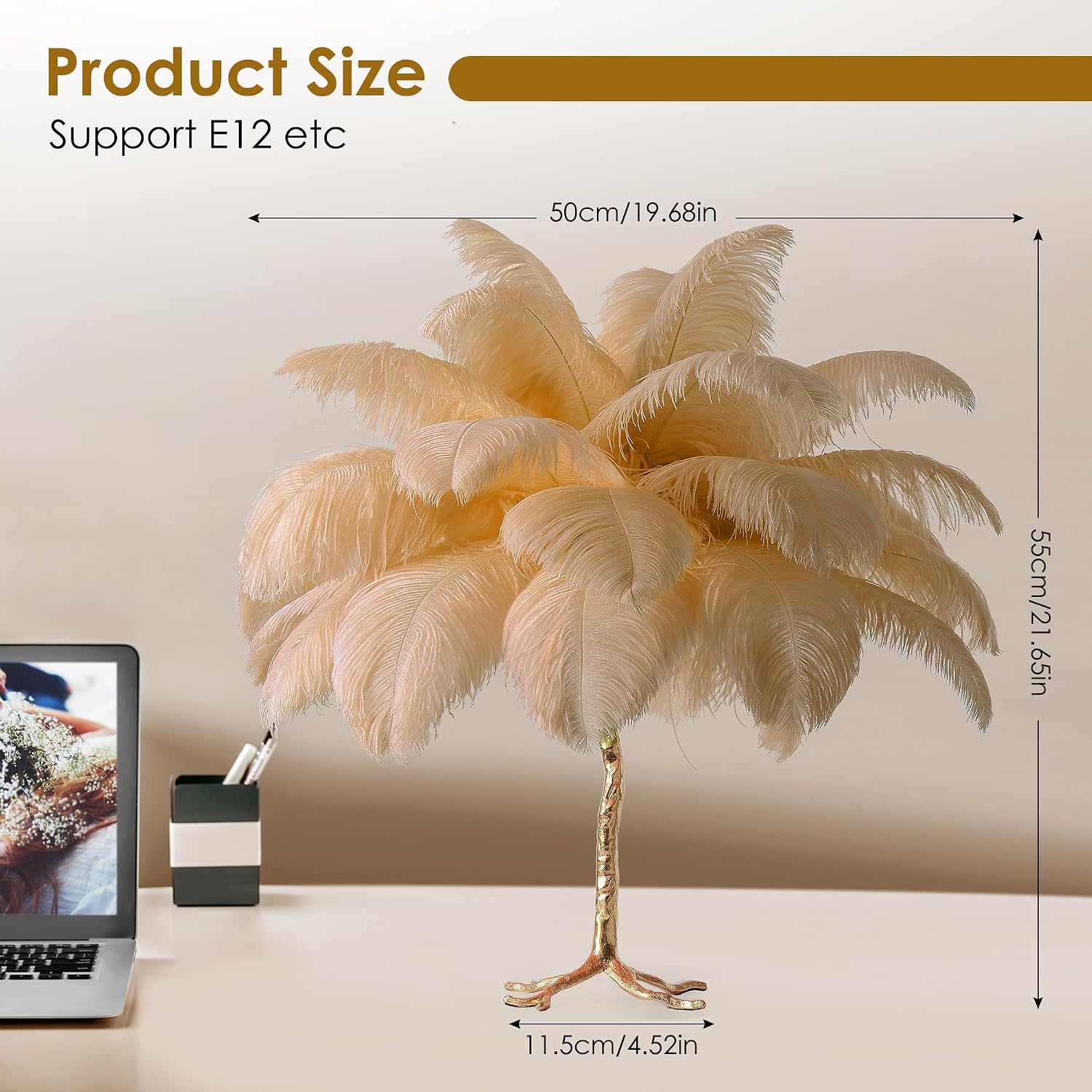 MAYOLA Modern Ostrich Feather Table Lamp with Plug in Wire,3-Light Bedside Floor Lamp for Living Room, Bedroom and Office 24' Tall Feather Desk Lamp (Ostrich Color, Table Lamp-Resin)