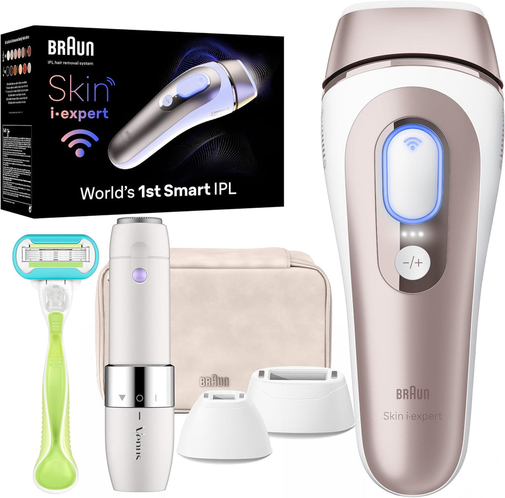 Braun Skin i-Expert Smart IPL PL7219 at Home Laser Hair Removal for Women and Men with App, Premium Pouch, Venus Razor, 2 Smart Heads, Facial Trimmer