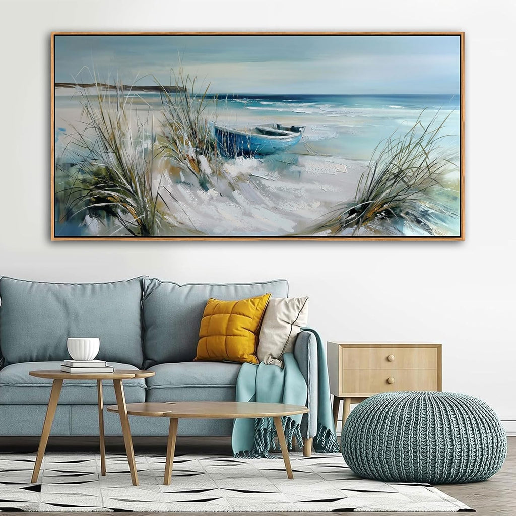 YDYSUNE Large Wall Art Beach Canvas Picture Decor,Blue Coastal Seascape Painting,Boat Landscape Ocean Artwork for Living Room Decoration Framed Size 29x58 Inches