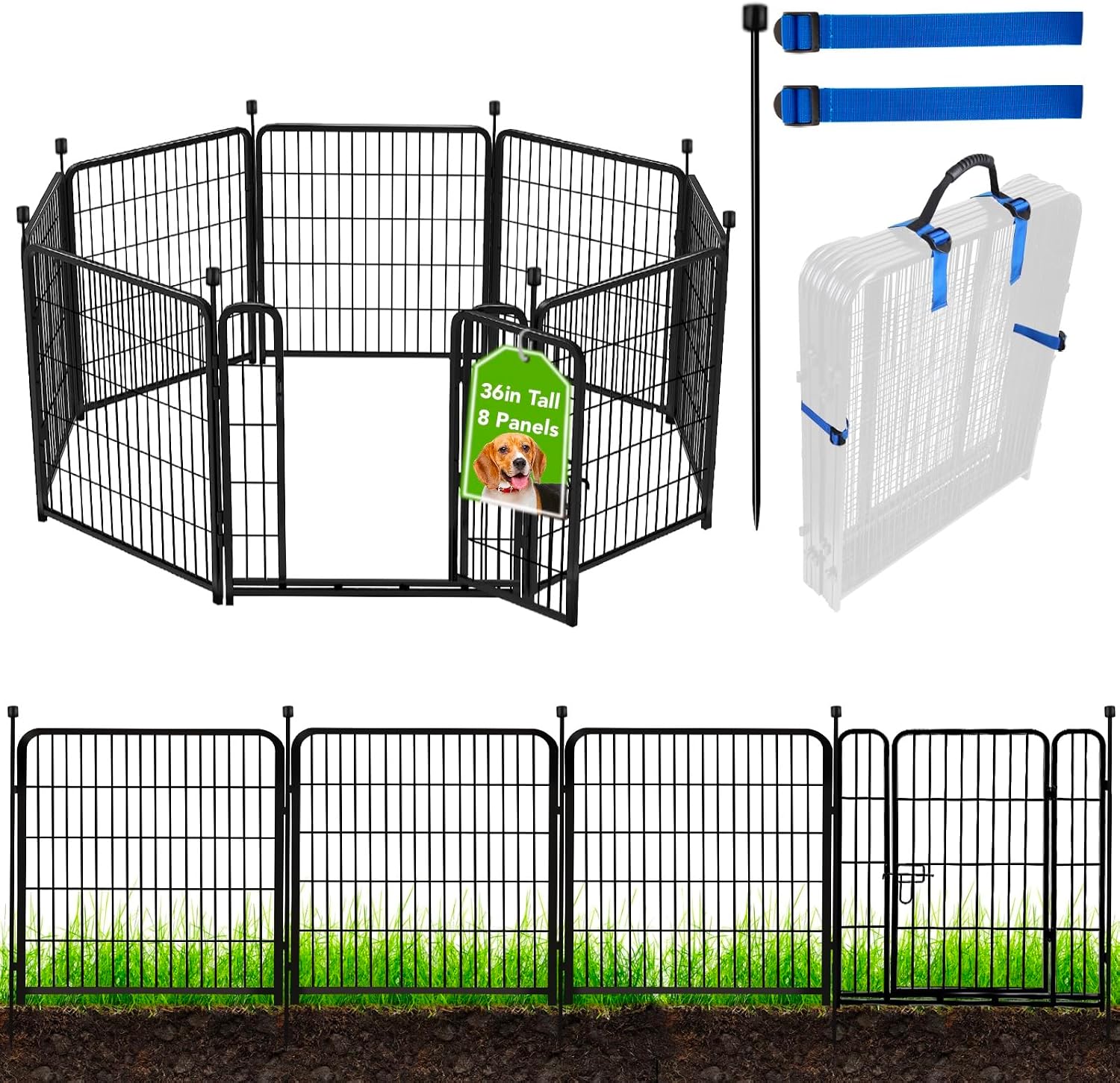 ADAVIN Metal Garden Fence with Gate, 36 in(H) 8 Panels Heavy Duty Iron Animal Barrier Fence, Indoor or Outdoor Dog Playpen, Camping Fence, No Dig Garden Border Fencing for Yard. Total 17.7 FT(L)