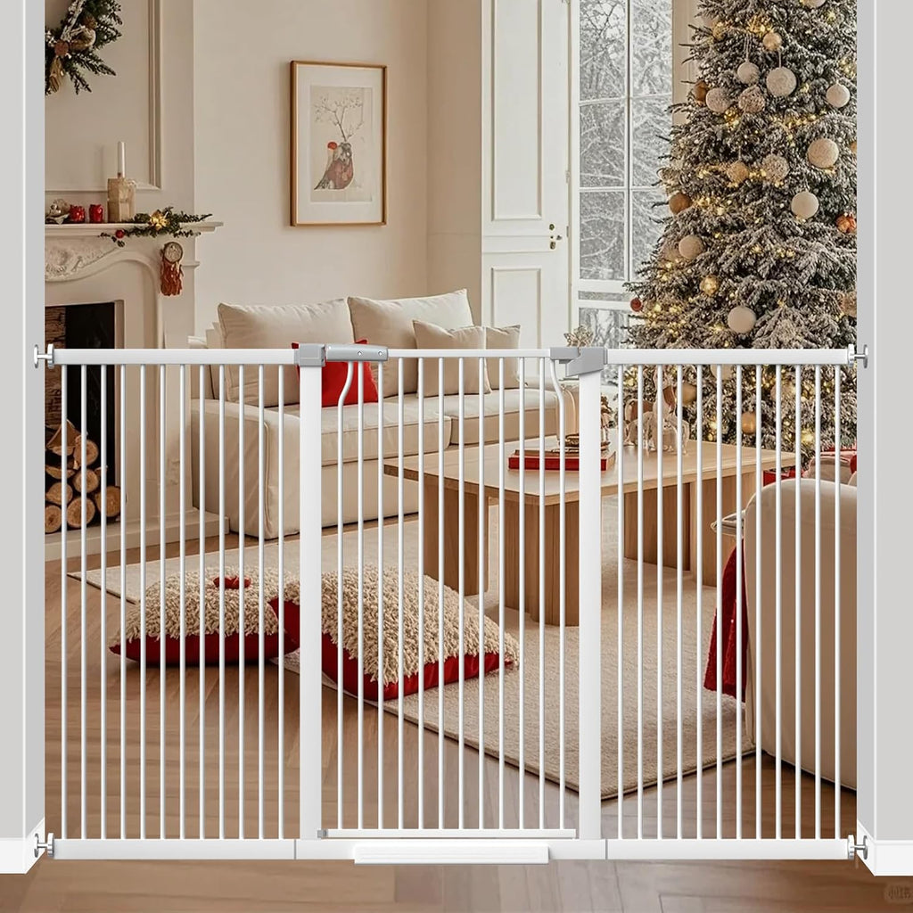 41' Extra Tall Baby Gate for Doorways and Stairs No Drill, Adjustable 72.3-76.7' Auto Close Dog Gate Indoor, Pressure Mounted Walk Through Swing Wide Pet Gate, Tall Cat Gate with Expansion Kit, White