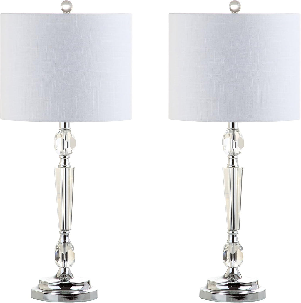 JONATHAN Y 27' Clear Crystal LED Table Lamp Set of 2, Modern Glam Candlestick Bedside Lamps for Living Room Bedroom, Chrome, White Linen Drum Shade, LED Bulbs Included JYL2047A-SET2