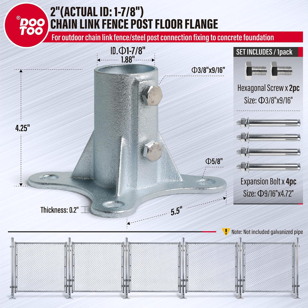 Chain Link Fence Post Flange - 2' Heavy Duty Round Post Base Bracket (8-Pack) Fits 1-7/8' Outer Diameter Fence/Mailbox/Flag Posts - Floor Mount Flange Kit