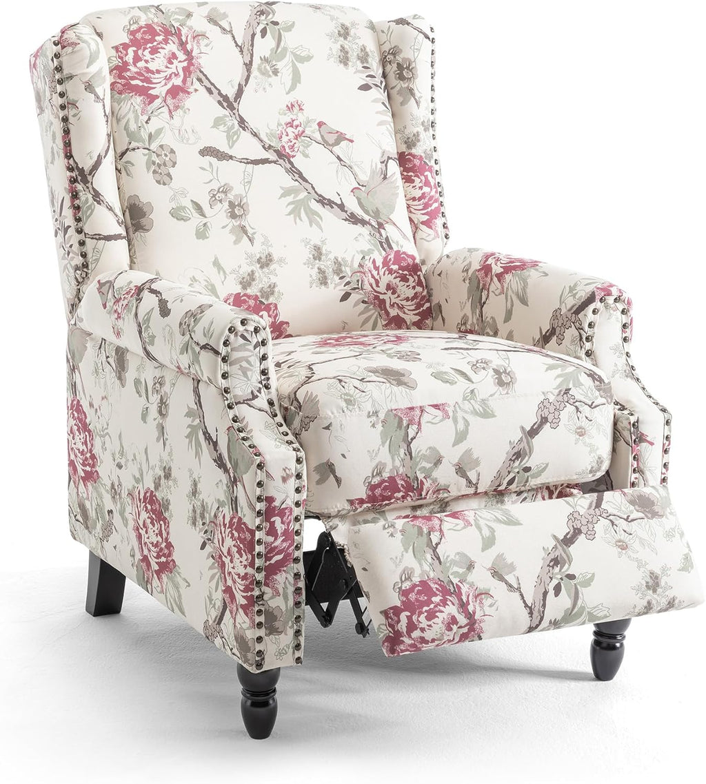 Pushback Floral Recliner Chair, Fabric Upholstered Armchair Push Back Accent Chair for Living Room, Rivet Trim Club Chair Home Theater Single Sofa Reading Seat - Beige Floral