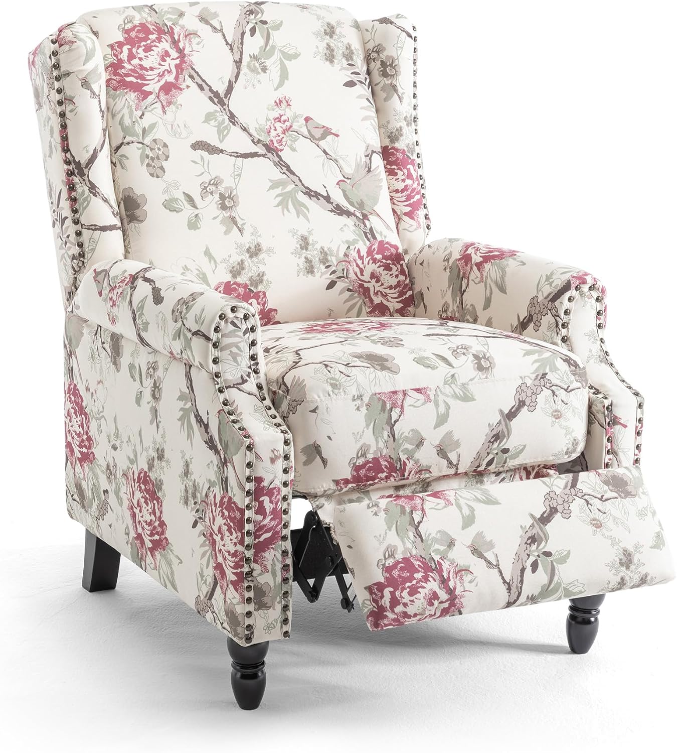 Pushback Floral Recliner Chair, Fabric Upholstered Armchair Push Back Accent Chair for Living Room, Rivet Trim Club Chair Home Theater Single Sofa Reading Seat - Beige Floral