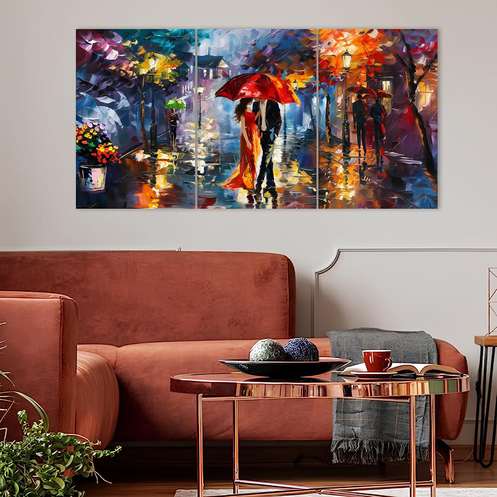 Rubelike Street View City Canvas Prints - Vintage City Canvas Oil Painting Print, Rain Street Wall Art, People Walking European Landscape, Contemporary Cityscape Artwork (24' x 36' x 3 pcs)