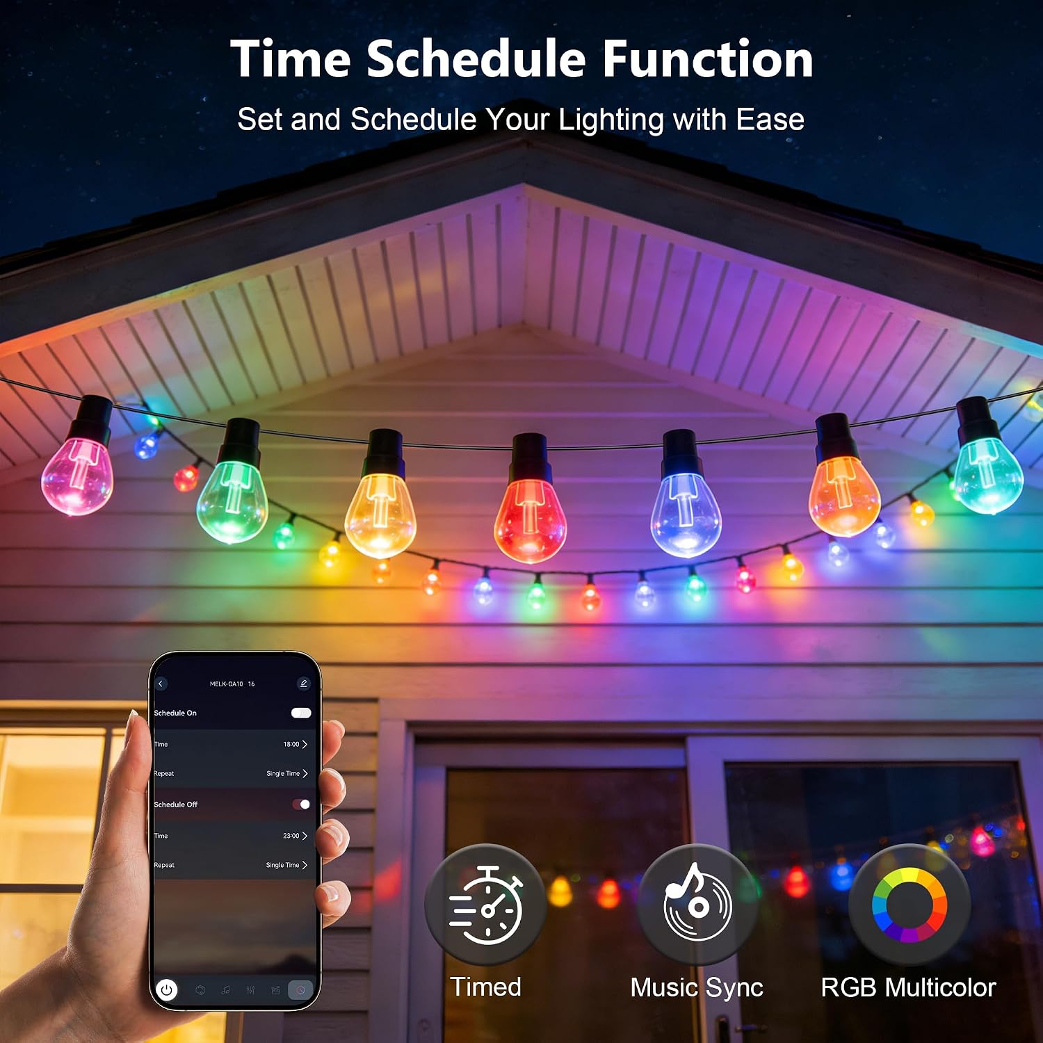 Outdoor String Lights,200FT Smart RGB+IC Patio Lights with Shatterproof LED Bulbs,Outside Light Dimmable Patio for Decor DIY IP67 Waterproof,Courtyard, Garden,Holiday,LED Lights More Scene Modes