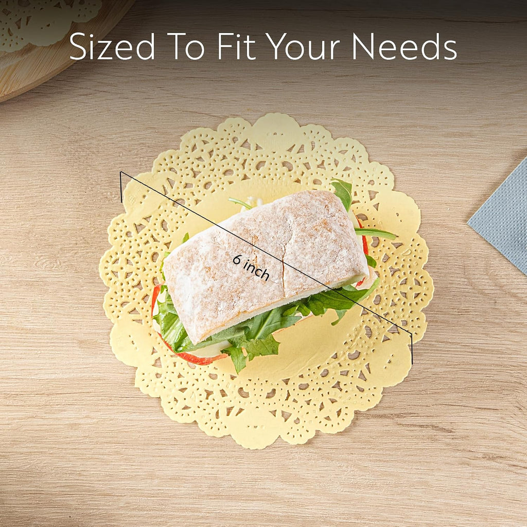 Restaurantware-Pastry Tek 6 x 6 Inch Paper Lace Doilies, 4000 Disposable Table Doilies - Elegant Lace Finish, Long Lasting, Yellow Paper Placemat, for Pastries, Cupcakes, Desserts