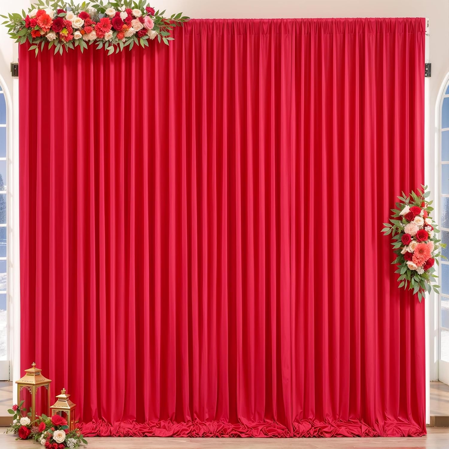 Red Backdrop Curtains 10 Panels-Wrinkle-Free Polyester Photography Drapes Party Photo Backgrounds for Wedding Christmas Photo Backdrops- 40 X10FT