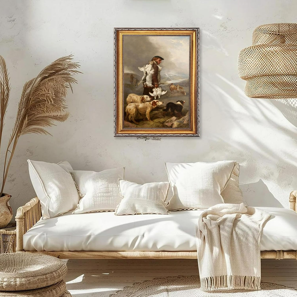 Large Gold Framed Winter Shooting Hares and Ptarmigan By Richard Ansdell Canvas Wall Art Coastal Countryside Scene Oil Paintings Reproduction Poster Rustic European Artwork Print Decor 24x36inch