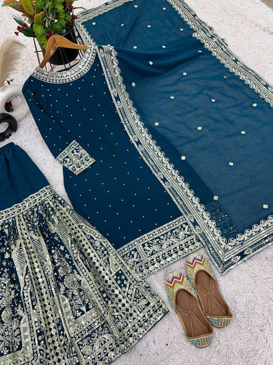Narayan art and craft Women's Faux Georgette Embroidered Straight Kurta with Sharara & Dupatta Set with Rivet Moti Work