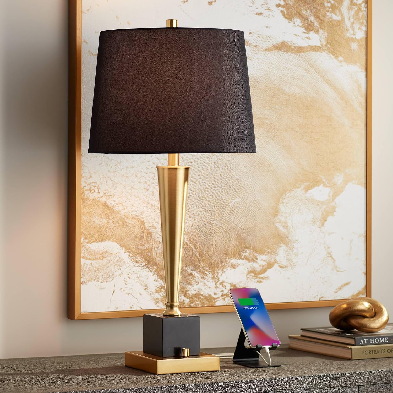 Possini Euro Design Wayne 29 1/4' Tall Modern Glam Luxury End Table Lamp with USB Ports A+C Charging Brass Finish Metal Black Marble Living Room Bedroom Bedside Nightstand House Office Home