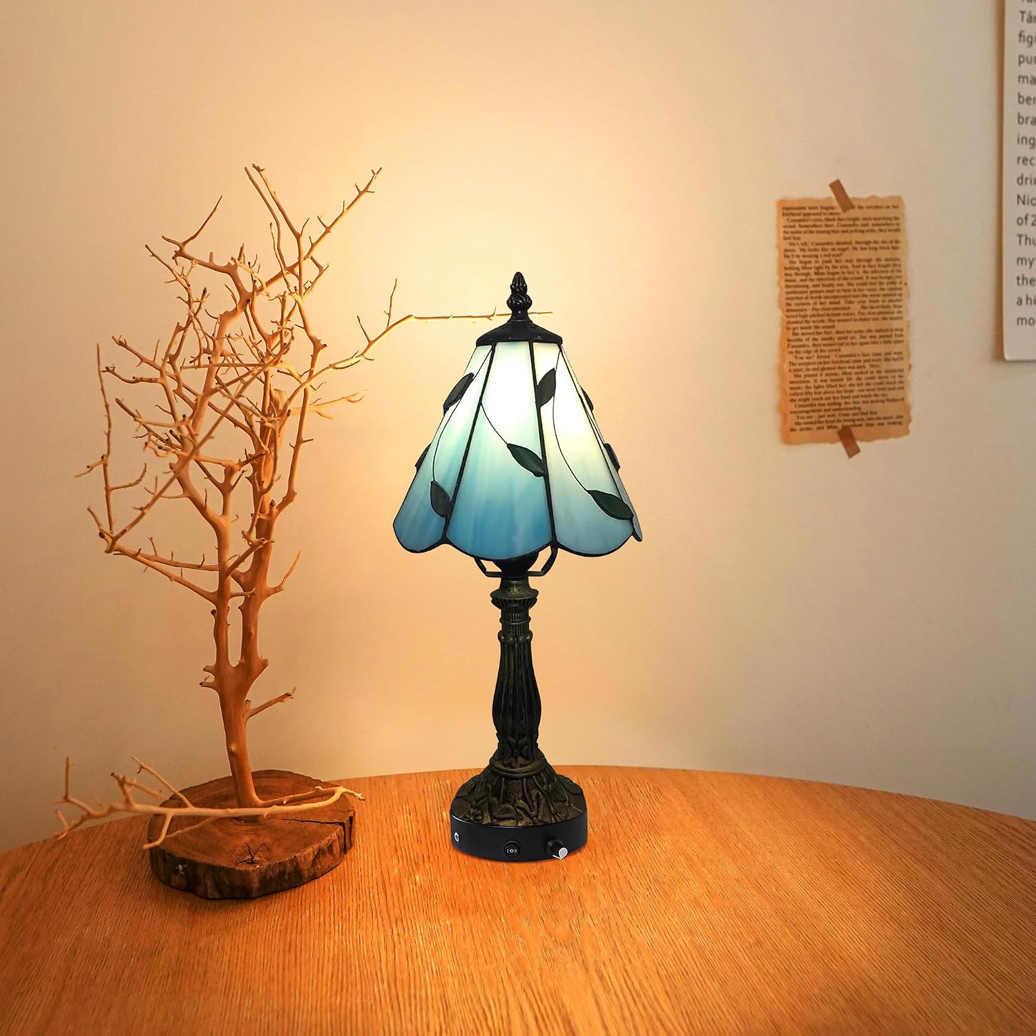 Kiven Cordless Table Lamp,1-Light Dimmable Bedside Lamps for Nightstand with Glass Lampshade, Cordless Tiffany Lamp for Reading Home Decor Bedside TD0796