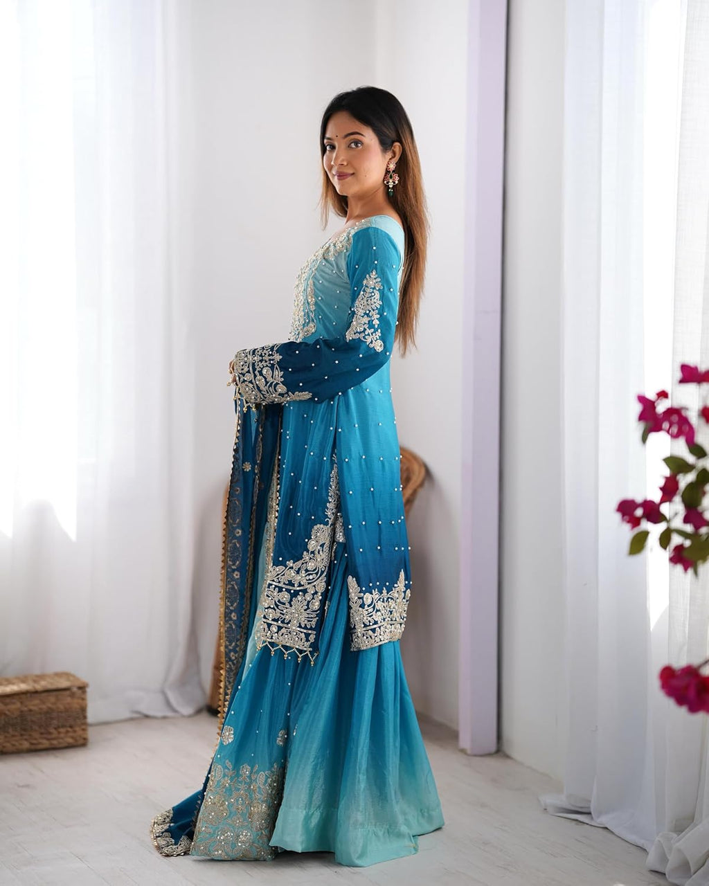 Indian Women's Chinon Silk Fabric Coding Dori Sequence with Rivet Moti Work ShararaSuit 13142