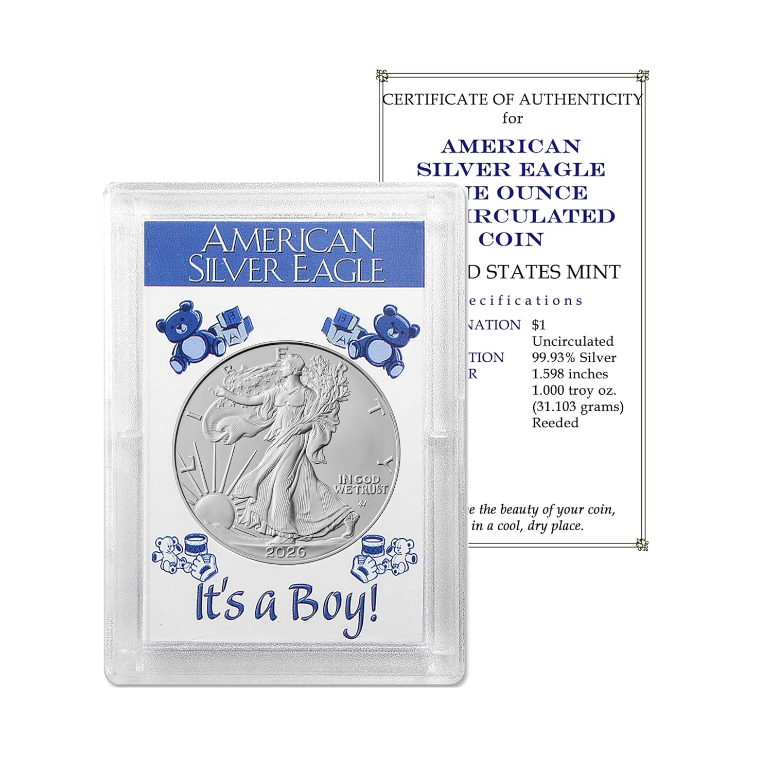 2026 U.S. Silver Eagle 1 oz Brilliant Uncirculated in 'It's a Boy' Holder with our Smyrnacoin Certificate of Authenticity Dollar Uncirculated US Mint