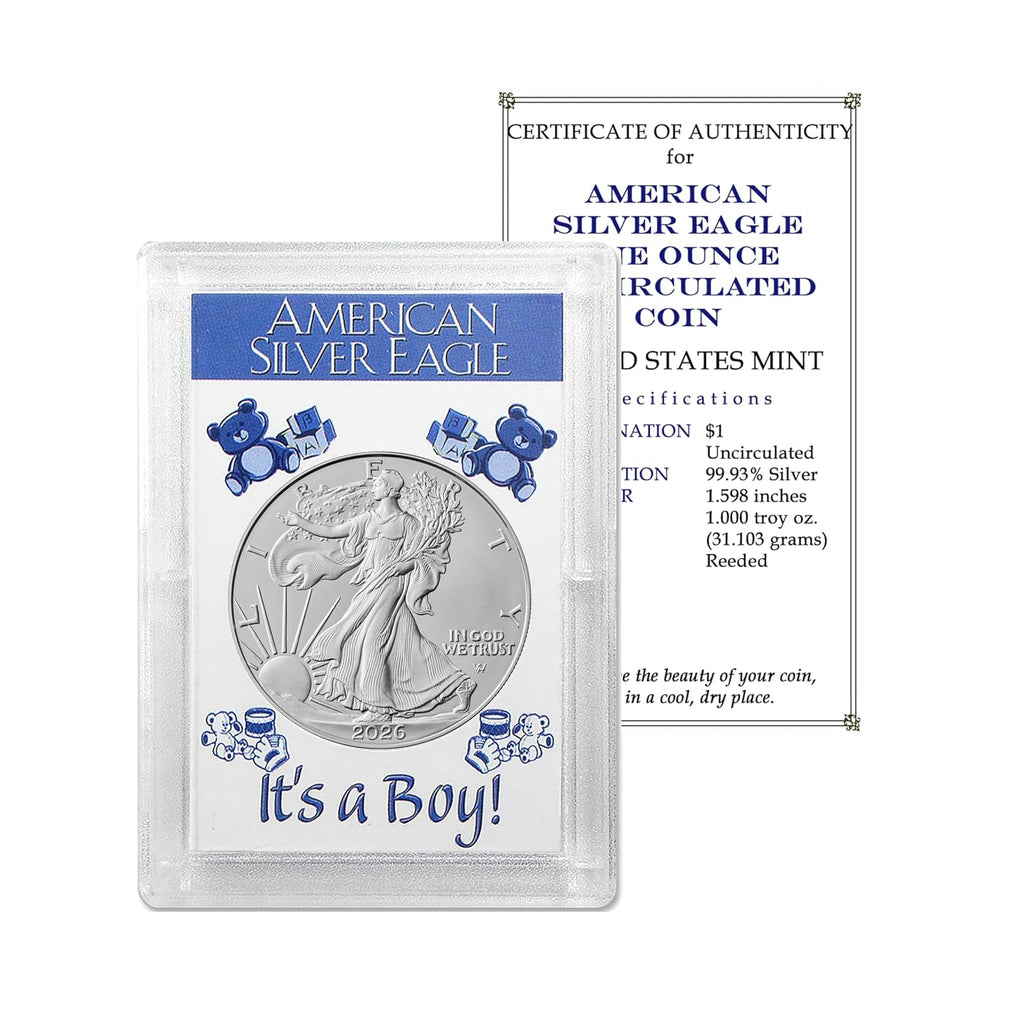 2026 U.S. Silver Eagle 1 oz Brilliant Uncirculated in 'It's a Boy' Holder with our Smyrnacoin Certificate of Authenticity Dollar Uncirculated US Mint