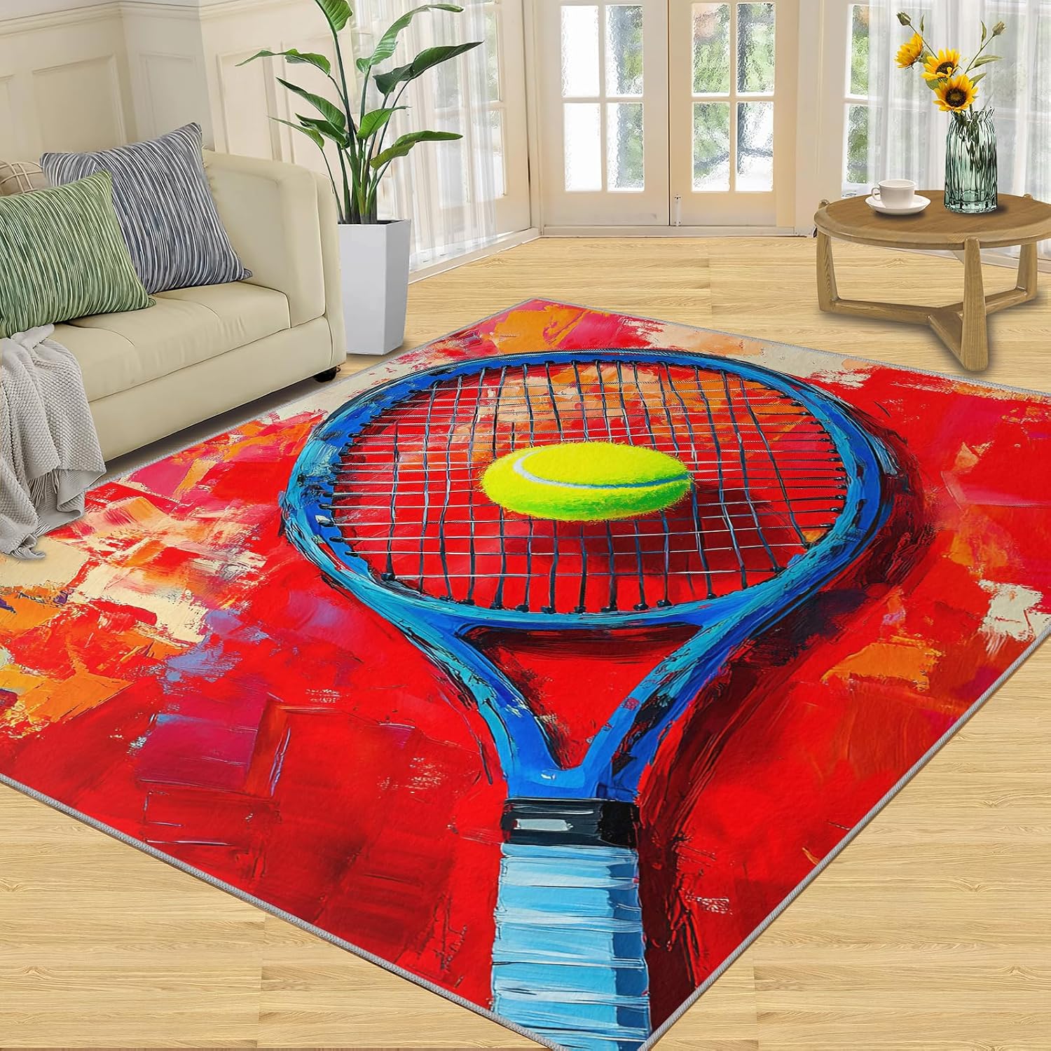 5x7 Tennis Racket Rugs for Bedroom - Sports Equipment Print Rug, Pop Art Rug Non Slip Soft Rugs for Living Room Hardwood Floors Teen Room