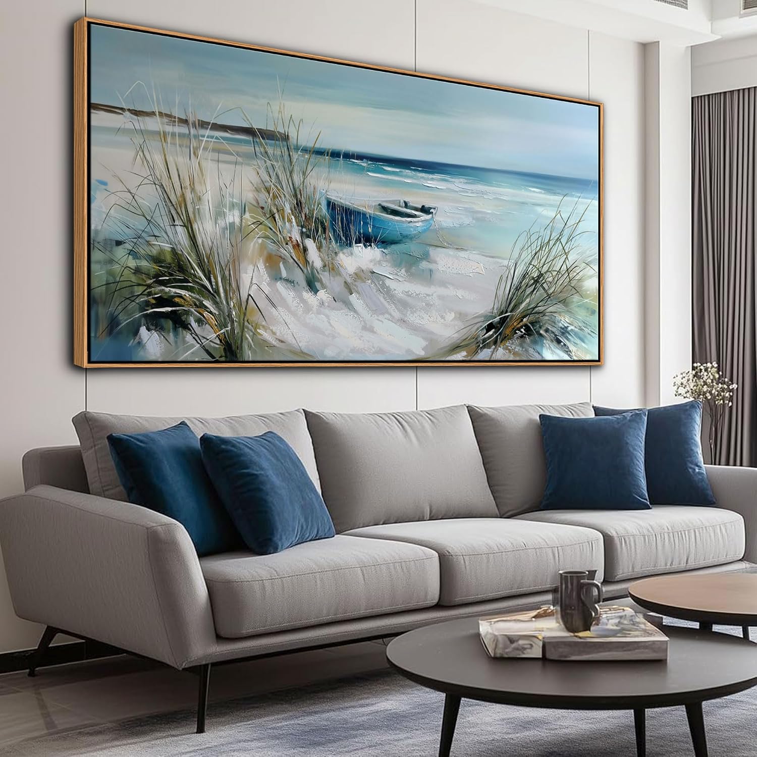 YDYSUNE Large Wall Art Beach Canvas Picture Decor,Blue Coastal Seascape Painting,Boat Landscape Ocean Artwork for Living Room Decoration Framed Size 29x58 Inches