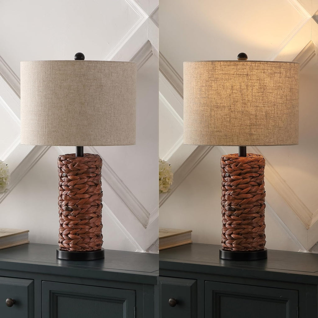 JONATHAN Y 25' Dark Brown Coastal Water Hyacinth Table Lamp Set of 2, Bedside Lamp with Light Grey Linen Shade, Boho Farmhouse Decor for Living Room Nightstand, LED Bulbs (JYL6502B-SET2)
