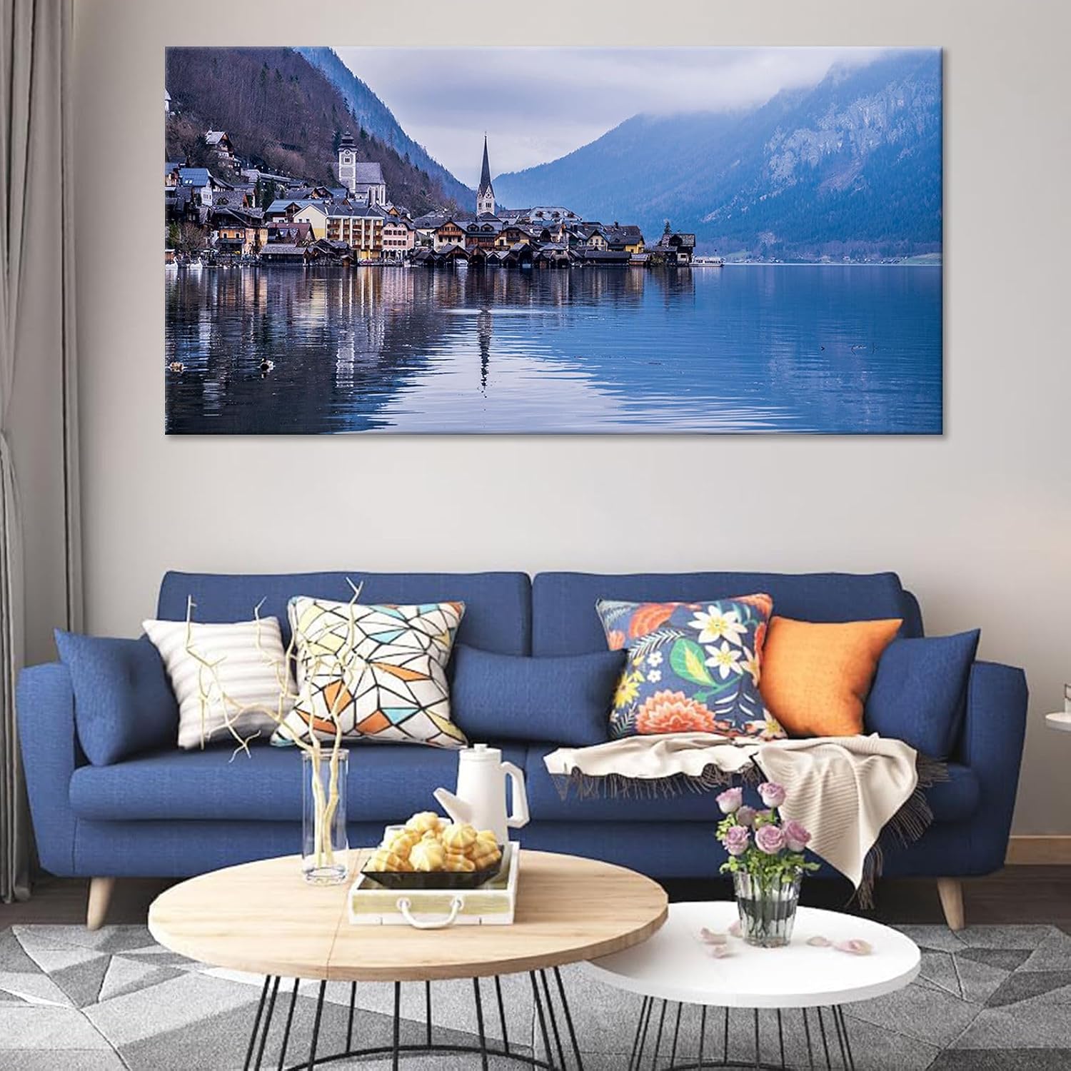 Large European Hallstatt Alpine Village Wall Art Austrian Lakeside Town Canvas Print Misty Mountain Landscape Posters Reflected Houses Travel Home Decor Artwork for Living Room 20x40inch Framed