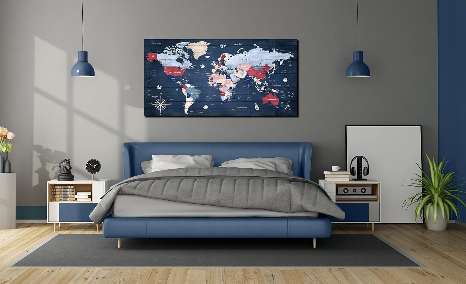 ZHAOSHOP World Maps for Wall - Blue Wall Decor for Living Room - World Map Canvas Wall Art Ready to Hang Size 59' x 29'