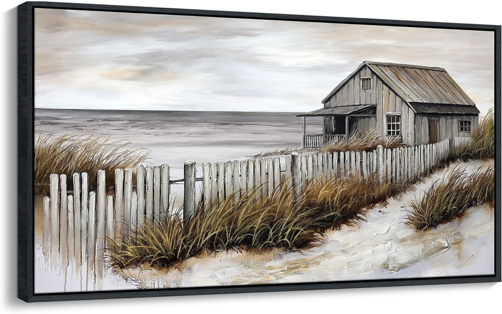 YDYSUNE Village Coastal Wall Art for Living Room - Retro Beach Fenced House Canvas Wall Decor for Home Artwork Painting Print for Bedroom Decoration Kitchen Office Hang a Picture Framed 24x48 Inches