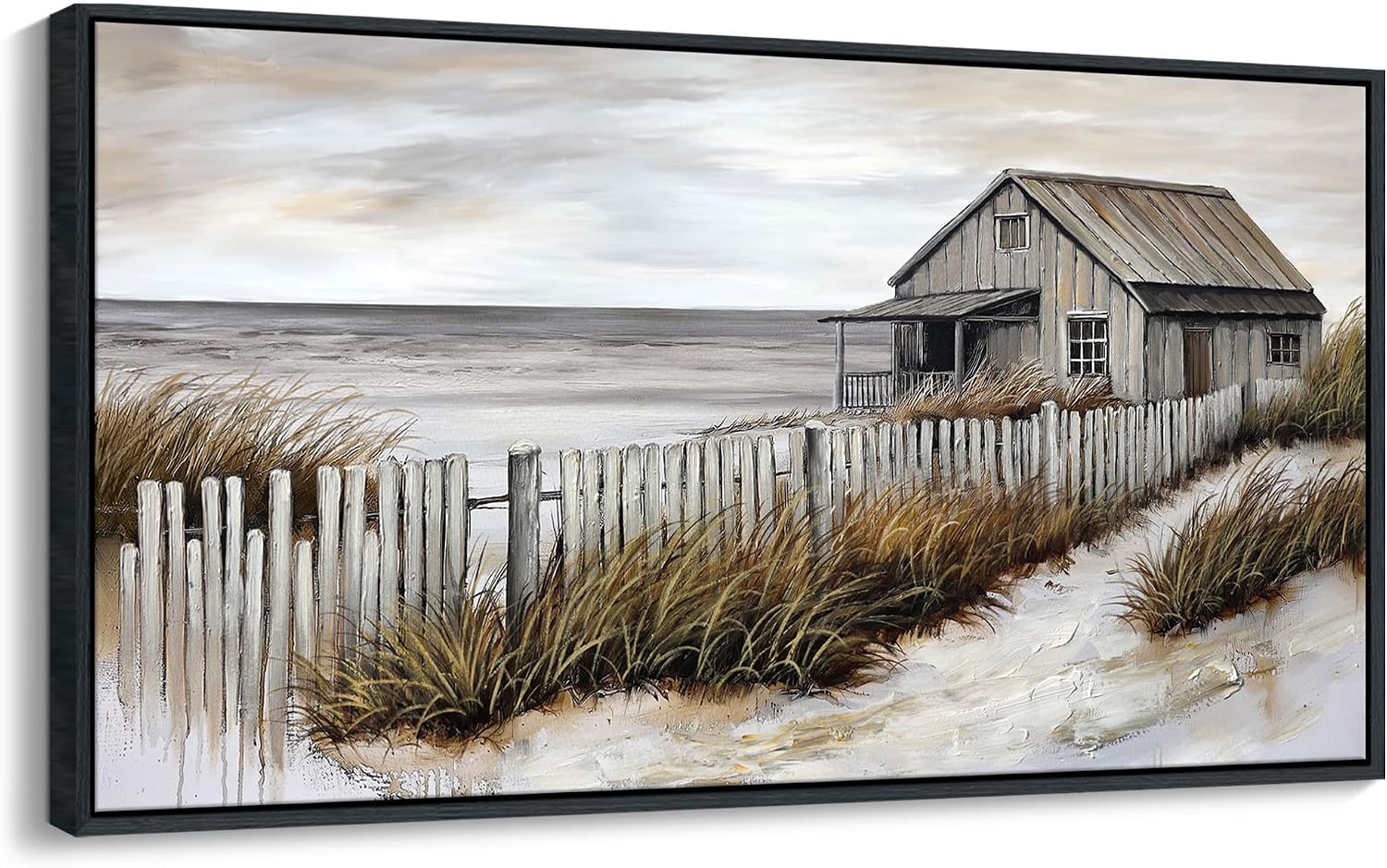 YDYSUNE Village Coastal Wall Art for Living Room - Retro Beach Fenced House Canvas Wall Decor for Home Artwork Painting Print for Bedroom Decoration Kitchen Office Hang a Picture Framed 24x48 Inches