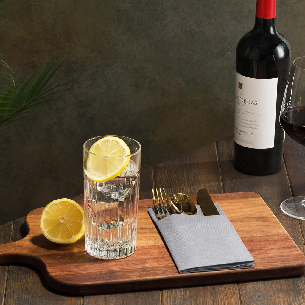 Disposable Linen-Feel Dinner Napkins with Built-in Flatware Pocket, 500-Pack GRAY Prefolded Cloth Like Paper Napkins For Dinner, Wedding Or Party [Silverware NOT Included]