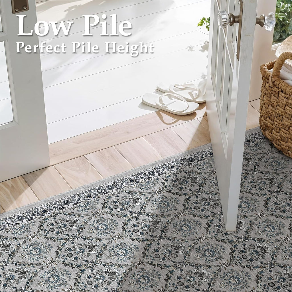 Washable 3x16 Hallway Runner Rug - Soft Kitchen Runner Rugs with Non Slip Rubber Backing Low-Pile Floral Carpet Runners for Bathroom Entryway Laundry Room Home Decor (Grey Blue,3x16)