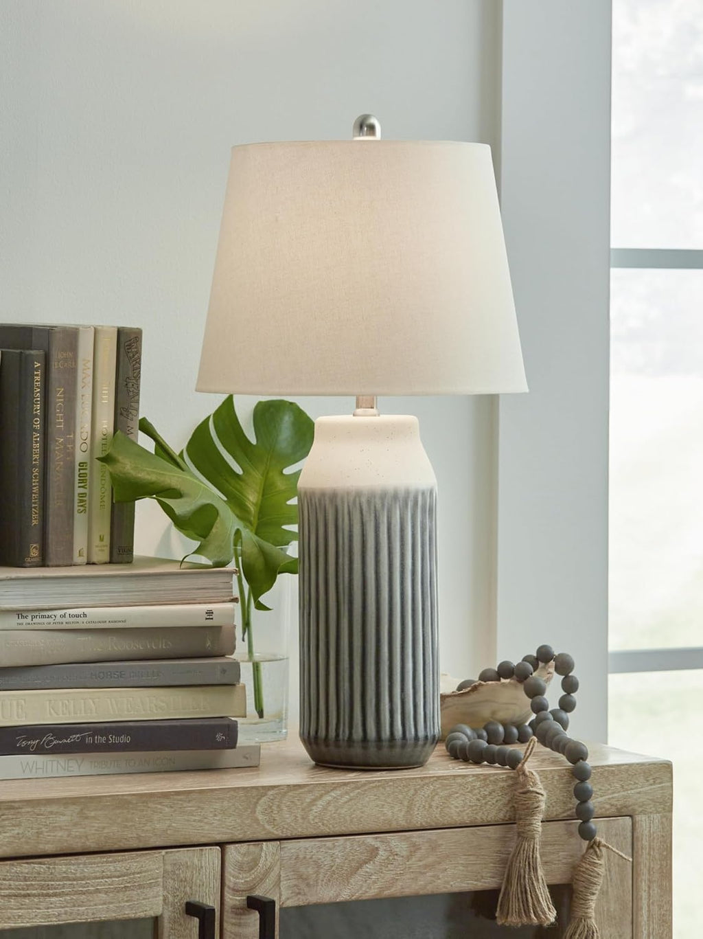Signature Design by Ashley Afener Contemporary 26' Ceramic Table Lamp, Set of 2, Blue & Beige