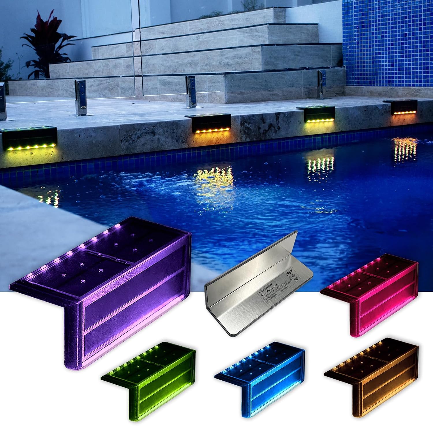 SHONELIGHTING Solar Pool Lights, 12-Color Poolside Lights for Inground Pool, Ultra-Thin 2-Way LEDs for Edge & Deck with Remote, Heavy Duty Stainless Steel Outdoor Waterproof for Swimming (RGB-W, 6PK)