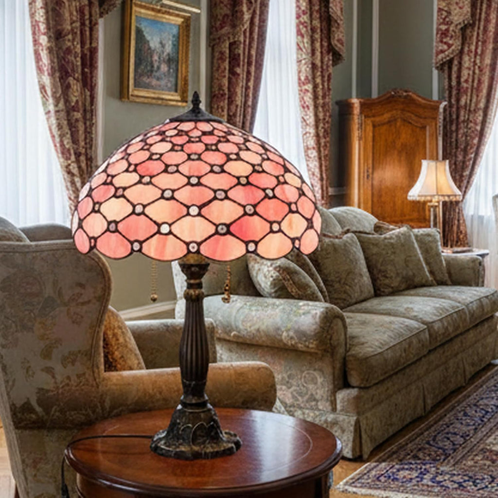 WERFACTORY Tiffany Table Lamp Stained Glass Bedside Lamp 16X16X24 Inches Pink Pearl Bead Desk Reading Light Resin Base Decor Bedroom Living Room Home Office S005P Series (Pink Bead)