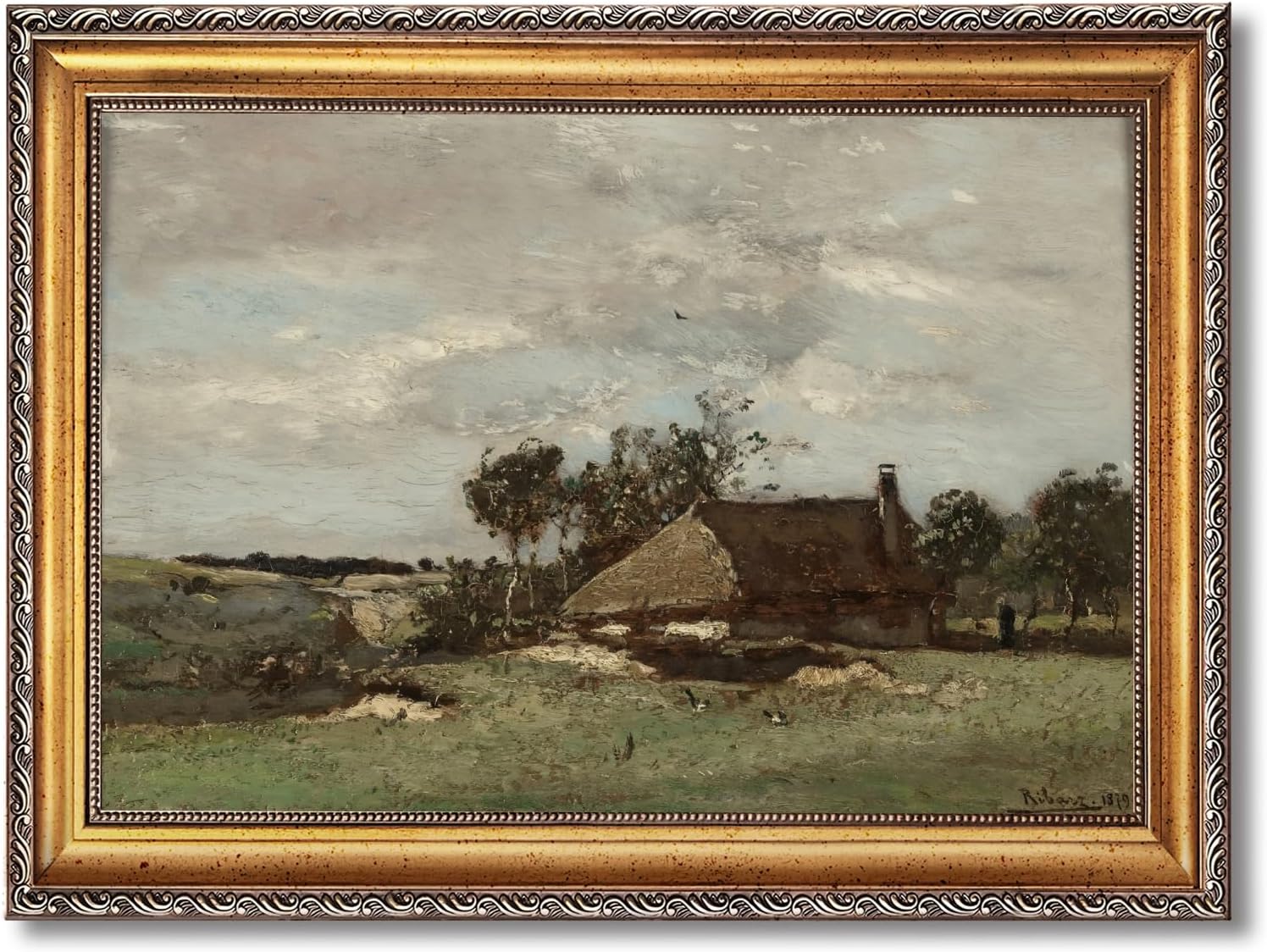 Large Framed Pastoral European Farm Landscape Art Painting Rustic Rural Scene Nature Canvas Wall Art Vintage Farmhouse Pictures Decor Natural Country Print Artwork for Living Room Bedroom 24x36inch