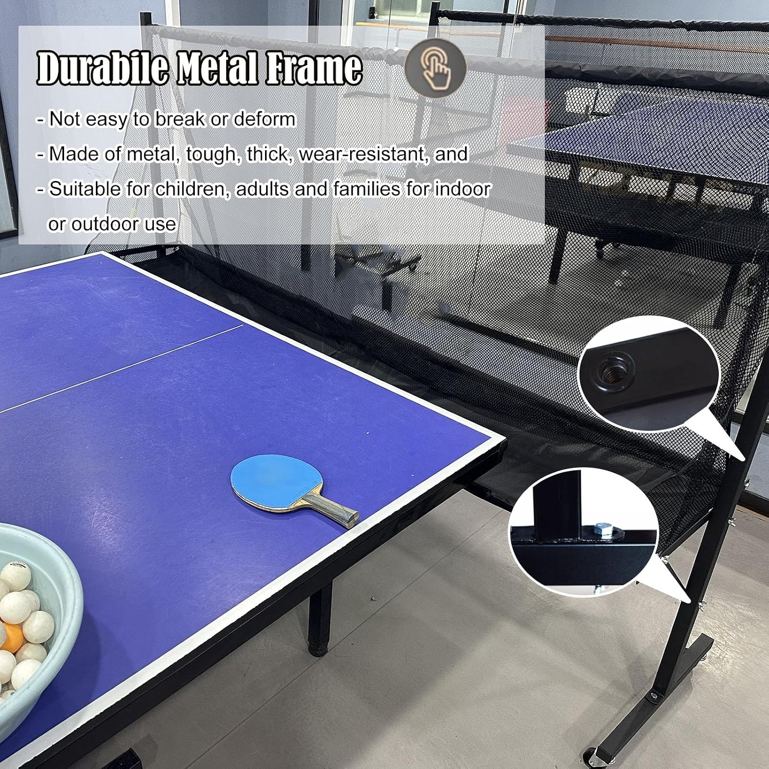Rolling Table Tennis Robot Catch Net, Adults & Kids Training Tool for Multi Ball Drills, Ping Pong Recycle Catcher Equipment for Indoor Outdoor Serve Practice, Metal Frame