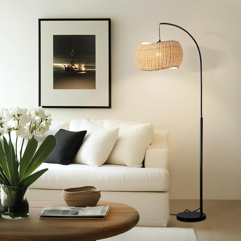 Brightech Wave Arc Floor Lamp - Chic Standing Lamp with Unique Hanging Wicker Pendant Shade for Living Room, Boho Rattan Natural Decor Lamp, Arcs Over Sofa, Bedroom & Office Desk for Reading - Black