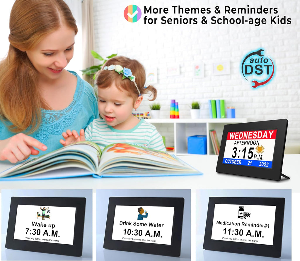 MASSII 11.5' Black+ 7' Black +7' White Digital Clock with Auto DST and 20 Alarms Custom Reminders, Non-Abbreviated Calendar Day Date Clock for Seniors Dementia Alzheimers'