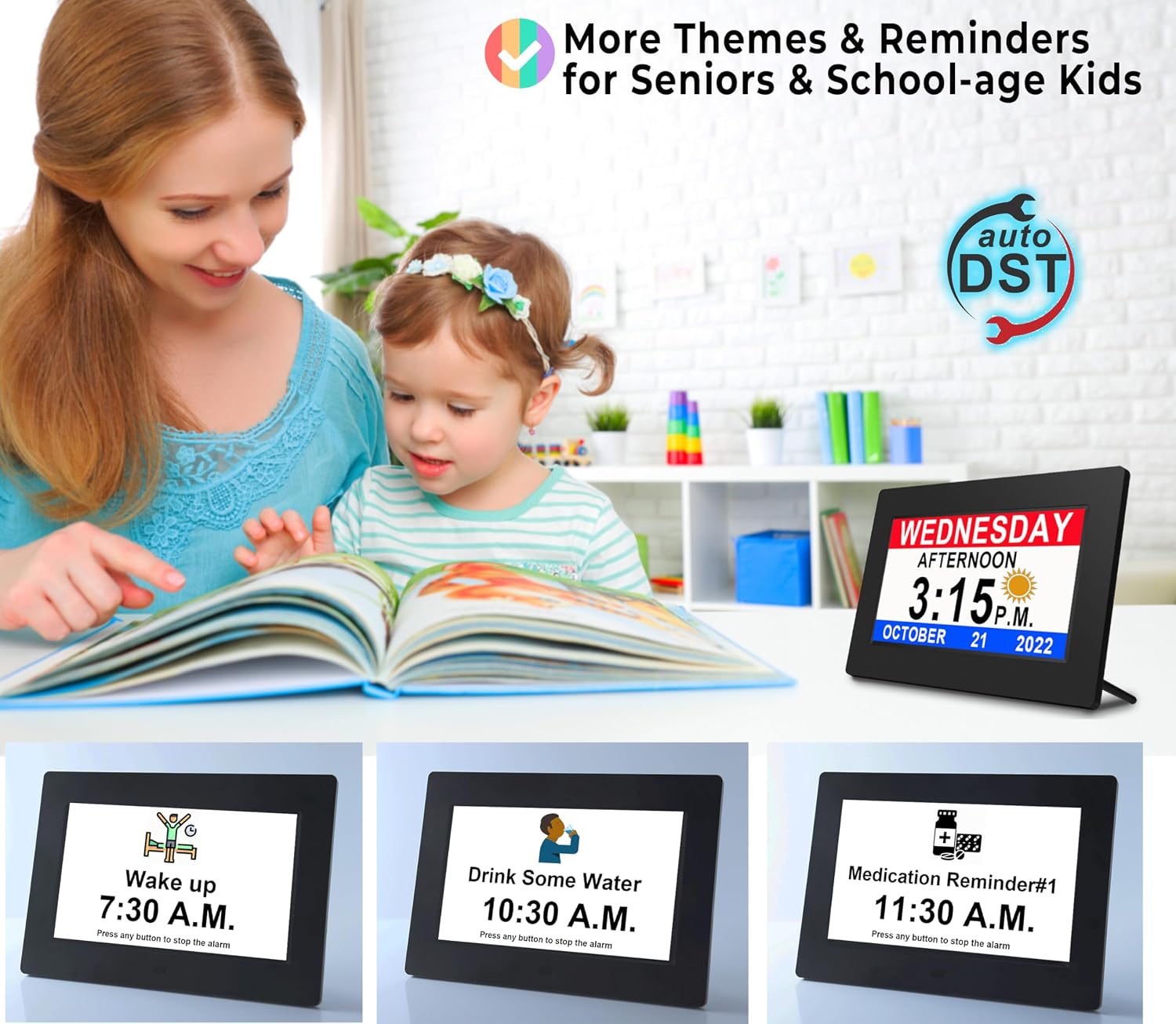 MASSII 11.5' Black+ 7' Black +7' White Digital Clock with Auto DST and 20 Alarms Custom Reminders, Non-Abbreviated Calendar Day Date Clock for Seniors Dementia Alzheimers'