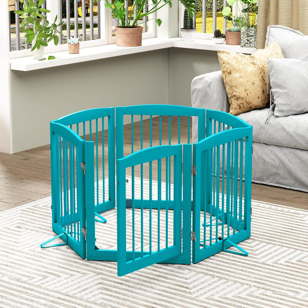 PUPETPO Freestanding Pet Gates with Walk Through Door, Dog Indoor Fence, Dog Gate for The House, Doorway, Stairs, Extra Wide Pet Gate, Support Feet Included, 120 Inch Wide, 6 Panels 24' Tall, Blue