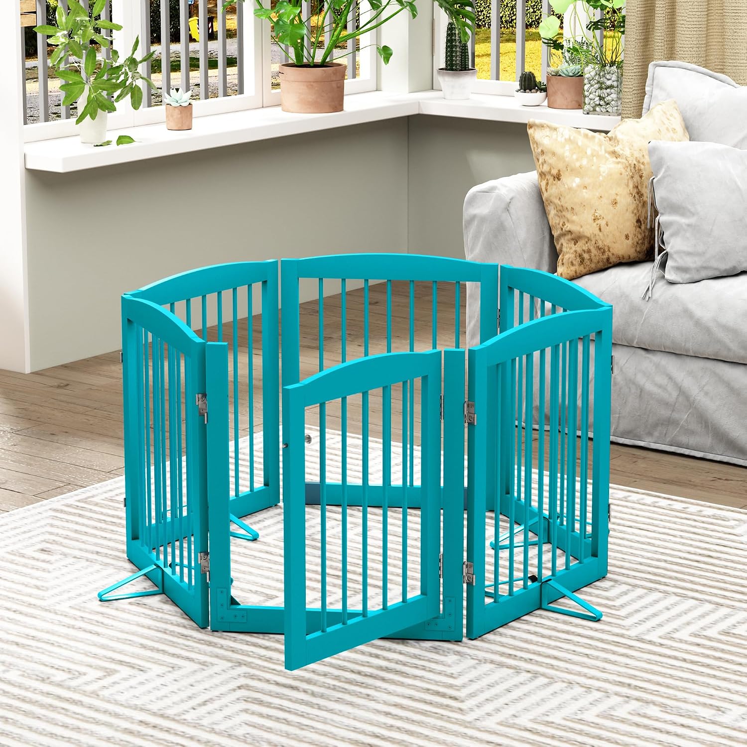 PUPETPO Freestanding Pet Gates with Walk Through Door, Dog Indoor Fence, Dog Gate for The House, Doorway, Stairs, Extra Wide Pet Gate, Support Feet Included, 120 Inch Wide, 6 Panels 24' Tall, Blue