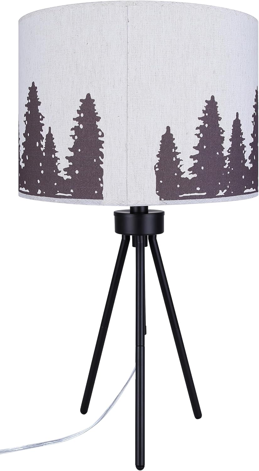 Canarm Holt Table Lamp, 27-Inch Country Rustic Black Finish with Printed Fabric Shade, Adjustable Height from 22-27' with 3-Way Socket Switch for Living Room