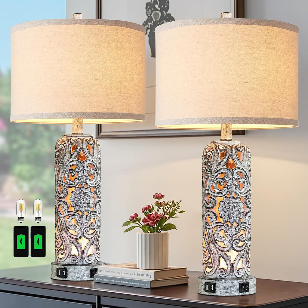 25'' Set of 2 Farmhouse Table Lamps with 2 USB Ports for Living Room Bedroom, Rustic Vintage Table Lamp with Nightlight, Earthy Yellow Hollow Out Resin Lamp for End Table, 2 Bulbs Included