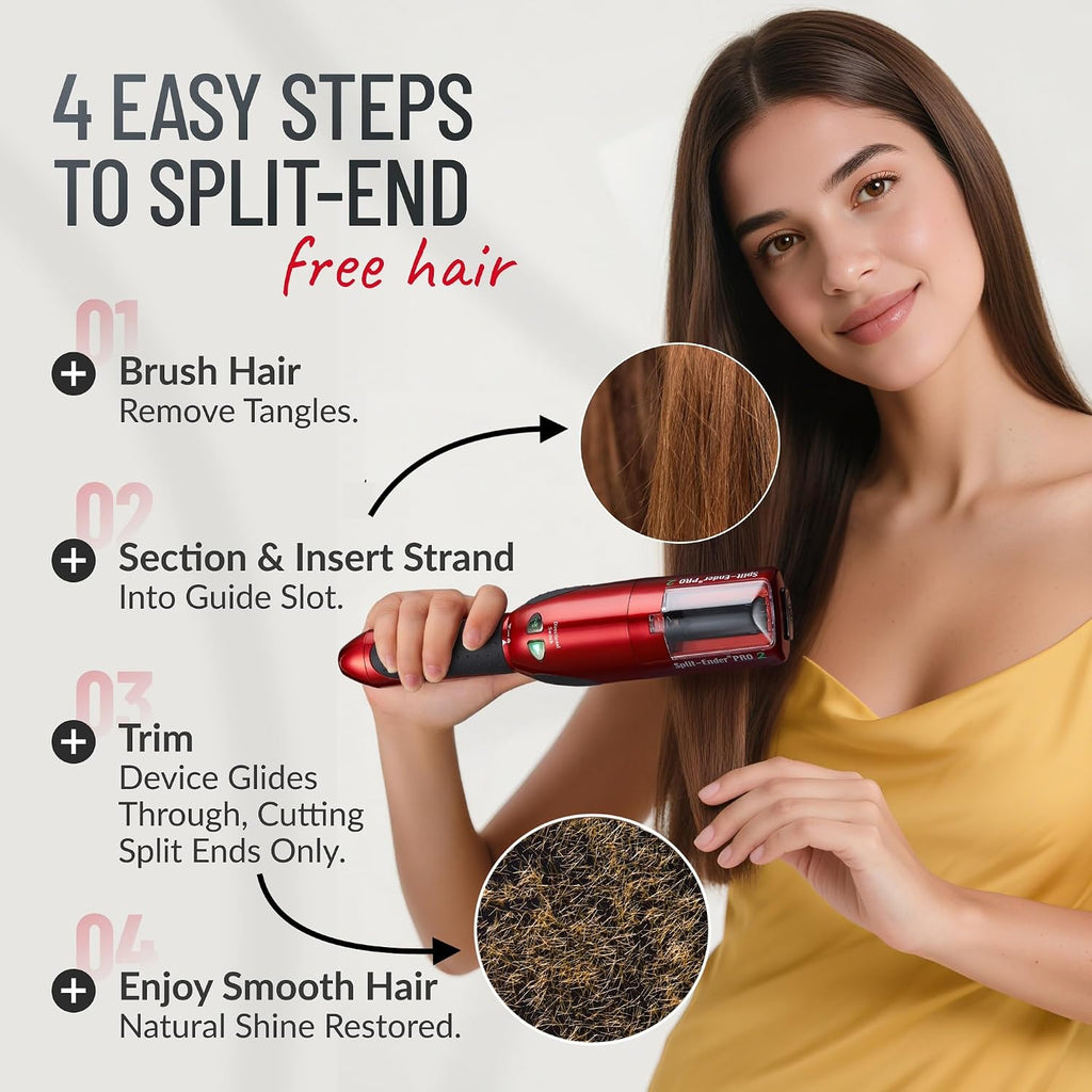 Split-Ender Pro 2 - Original Professional Beauty Tool - Cordless Split End Hair Trimmer for Damaged, Dry, Brittle, Frizzy, Curly or Straight Hair (Red)