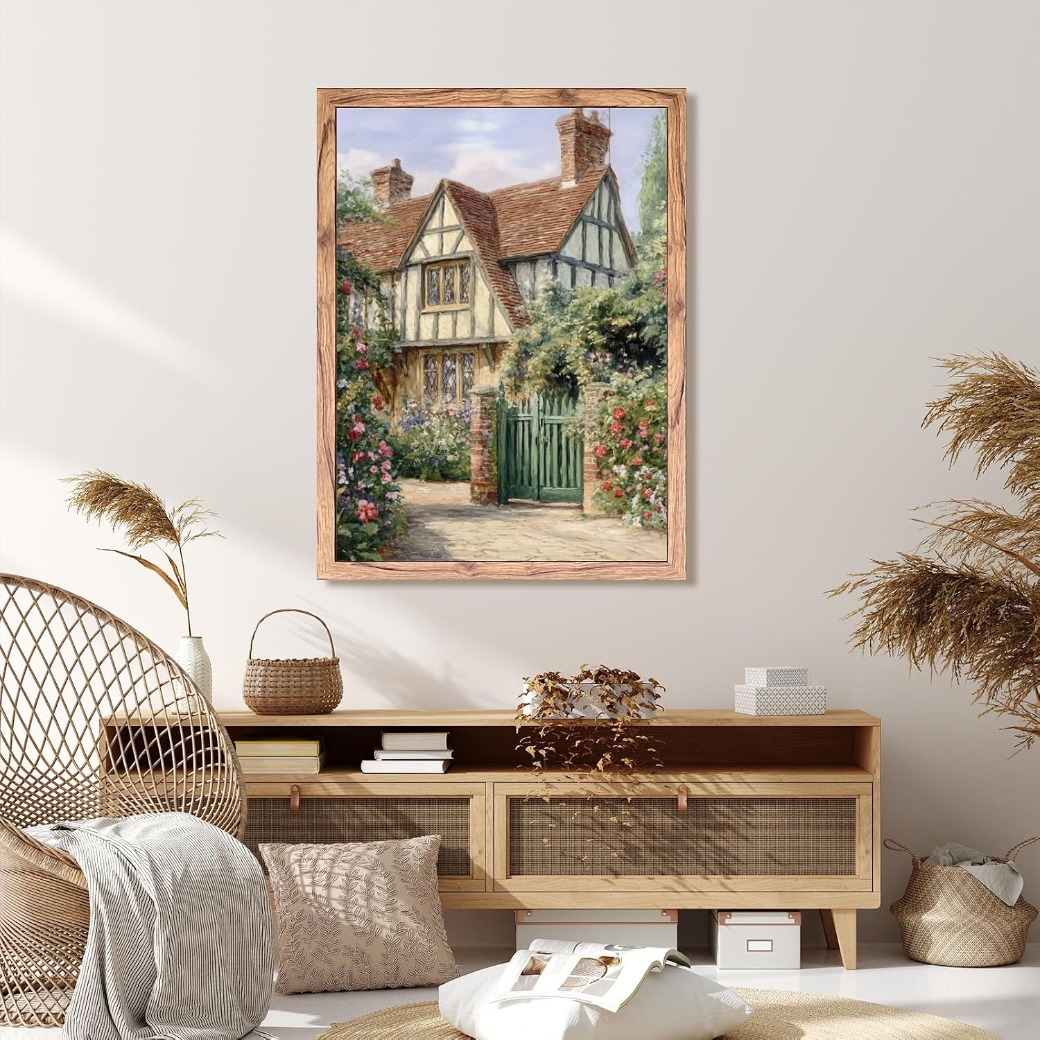 Framed Vintage Cottage House Wall Art Watercolor Flowers Garden Canvas Print European Countryside House Painting Country Home Poster Rustic Nature Picture Decor for Living Room Bedroom 24x36inch
