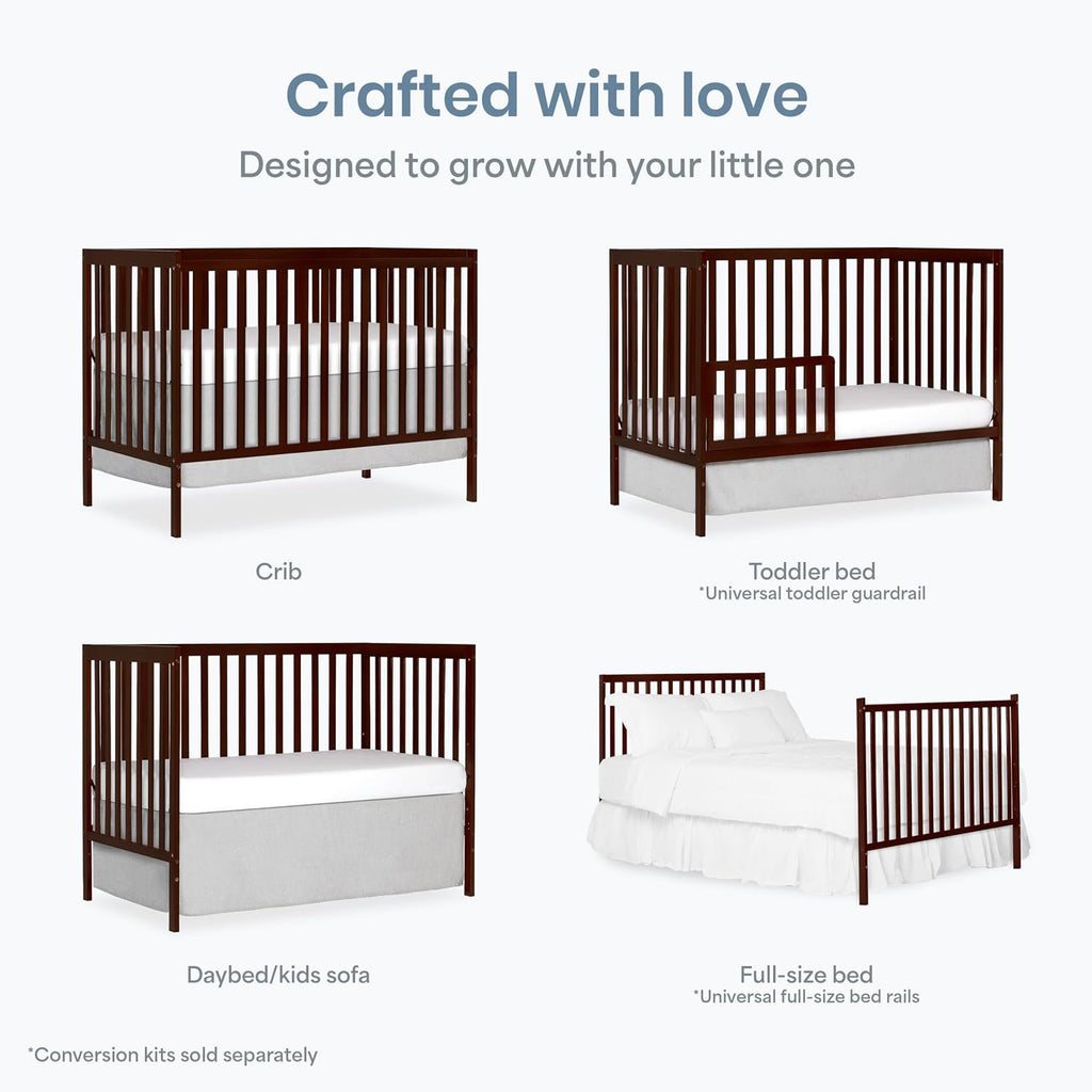 Dream On Me Synergy 5-in-1 Convertible Full-Size Baby Crib with Toddler, Day & Full Bed Conversion in Espresso, GreenGuard Gold & BSA, 3 Mattress Heights, Sustainable Pinewood