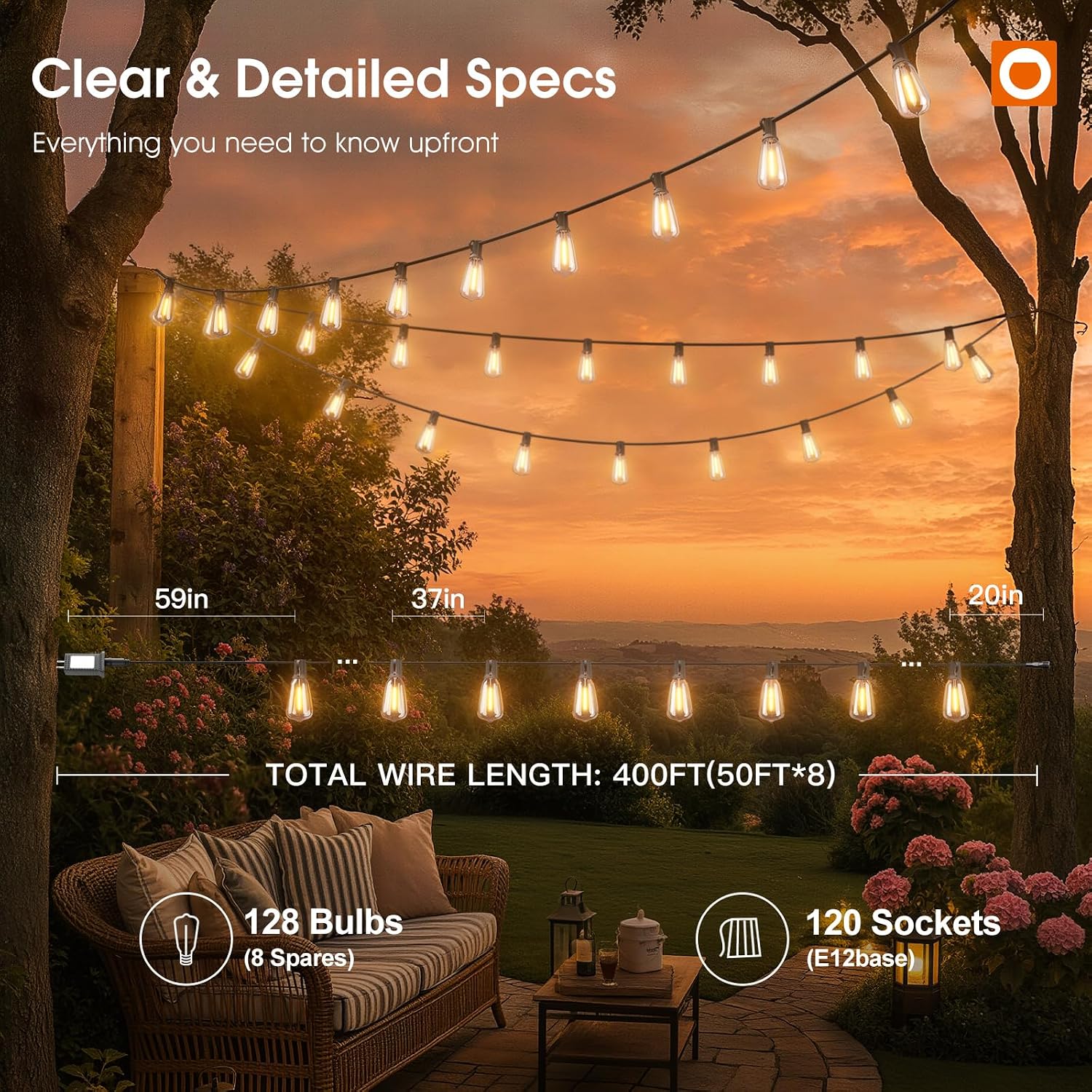 addlon 400FT(50FT*8) Outdoor String Lights with Remote,Waterproof Patio Lights ETL Listed with Shatterproof Dimmable ST38 LED Bulbs Connectable Outdoor Lighting for Backyard Bistro Garden Bistro