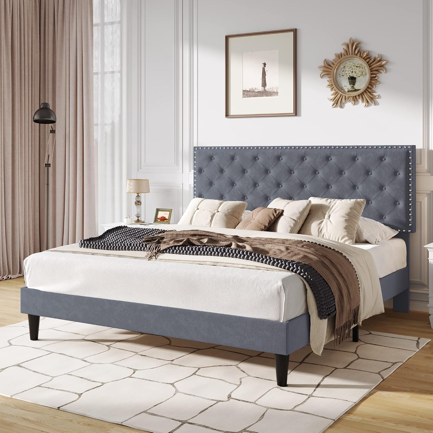 SHA CERLIN King Size Velvet Bed Frame with Adjustable Headboard, Diamond Button Tufted and Rivet Decor, No Box Spring Needed, Silver Grey