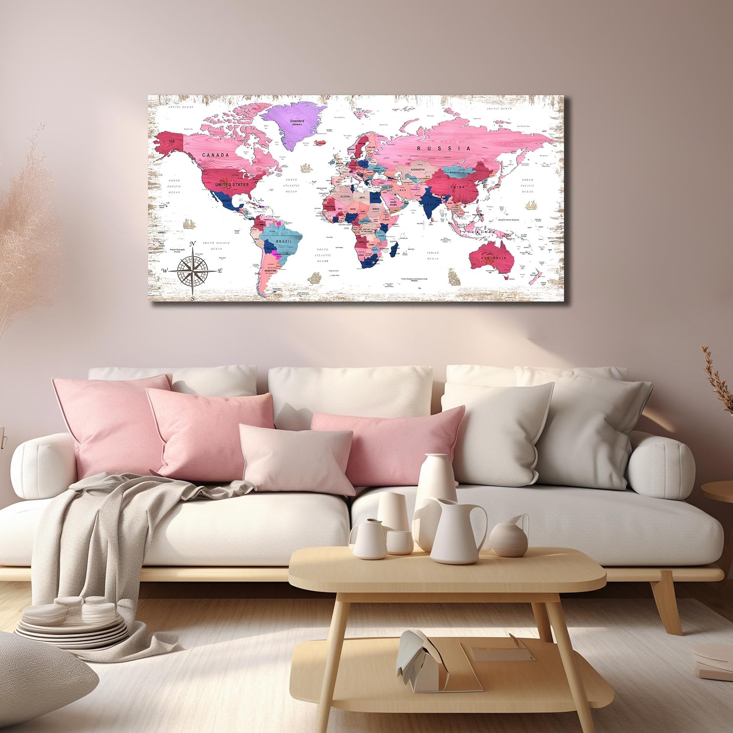 ZHAOSHOP Large World Map Canvas Wall-Art - Wall Decor For Girls Bedroom - Pink pictures Wall Decor Ready To Hang Size 59' x 29'
