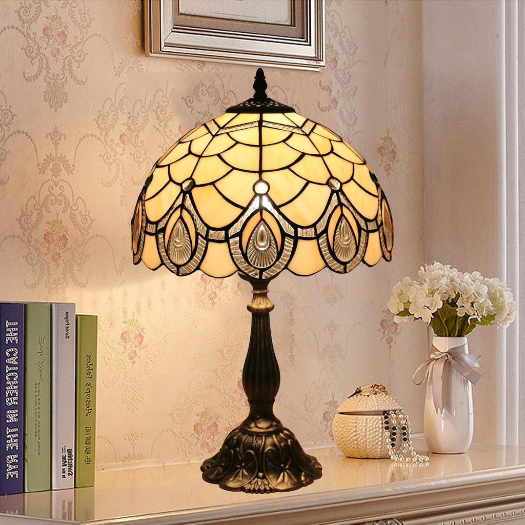 Tiffany Style End Side Table Lamps, Modern Bedside Nightstand Stained Glass with Crystal Large Farmhouse Table Lamp for Bedroom,Living Room Home Office Desk Lamp+LED Bulb,12X12X20INCH